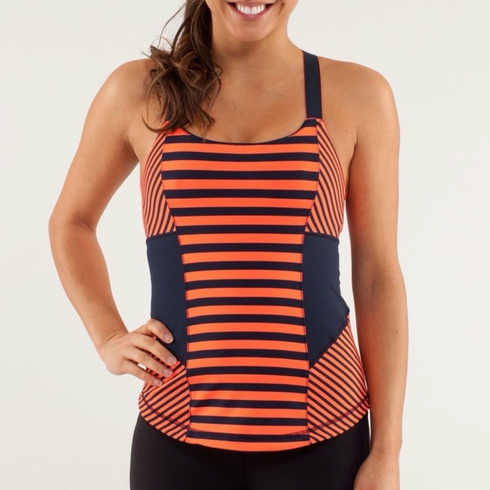 LULULEMON WORK IT OUT TANK ORANGE NAVY STRIPE ATHLETIC TANK TOP SZ 10 - Picture 1 of 8